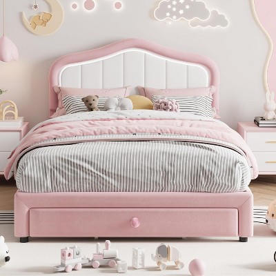 CuisinSmart Upholstered Twin Bed Frame with Storage Drawer, Velvet Bed Frame with Headboard for Girls, Boys, No Box Spring Needed, Noise Free