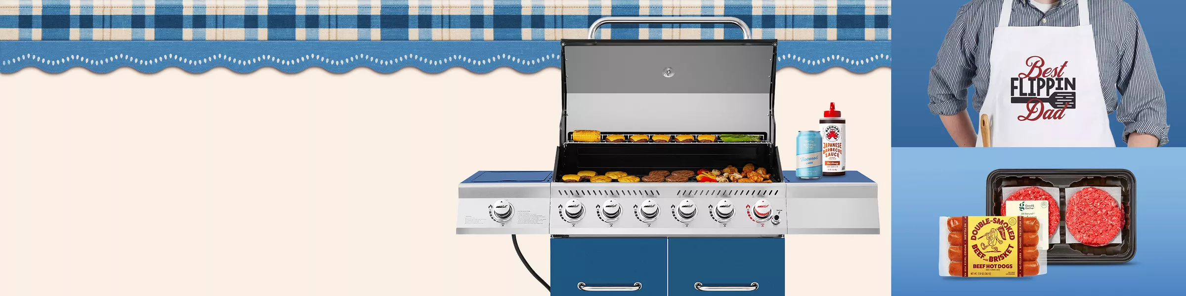 Collection of the perfect items to grill and a blue bbq.