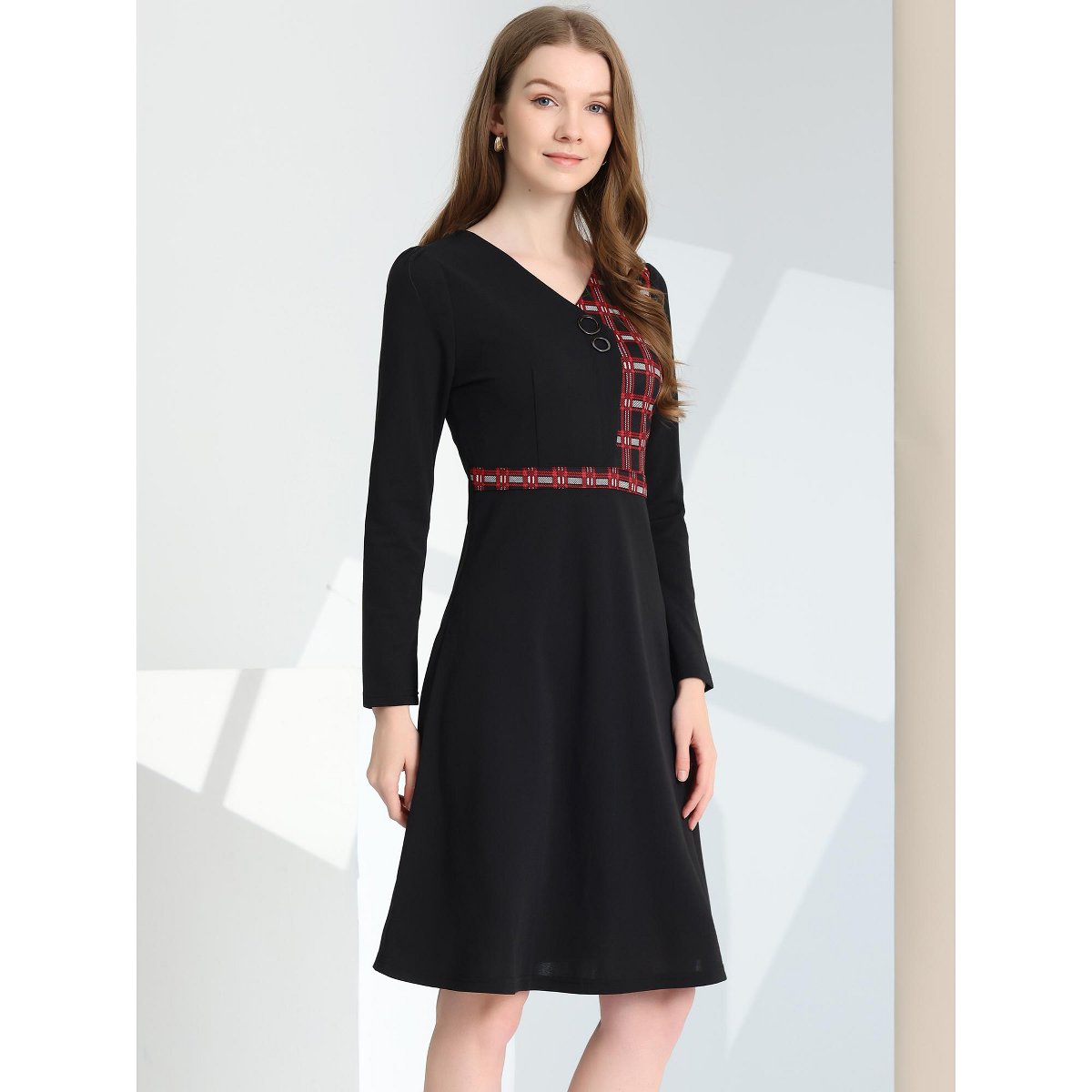 Женские платья INSPIRE CHIC Women's Elegant A-Line Long Sleeve Contrast Color Dress X-Small Black — фото 2