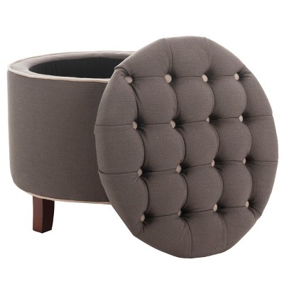 Amelia Gray Tufted Round Storage Ottoman with Oak Legs