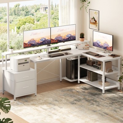 Aheaplus L-Shaped Computer Desk with Drawers and Monitor Shelf