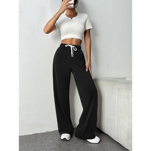 Women's Elastic Waistband Wide Leg Straight Fit Casual Sport Daily Boyfriend Long Pants - 1 of 3