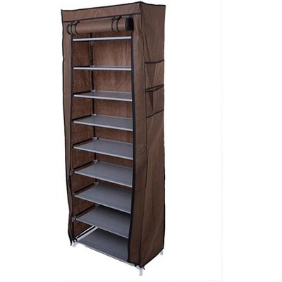 Coucheta 10-Tier Shoe Rack - Large Capacity Shoe Organizer with Dust-Proof Cover & Side Pockets,Brown