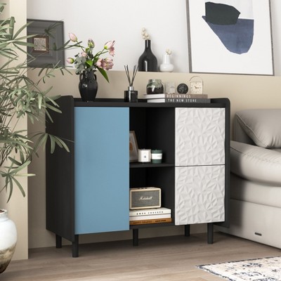 VYNXARIA Modern Black Sideboard Buffet Cabinet with Red Doors and Open Storage