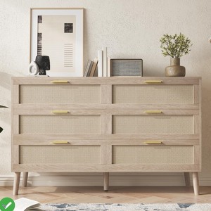 Natural Rattan Dresser for Bedroom 6 Drawer Dresser w/ Gold Metal Handles Farmhouse - 1 of 4
