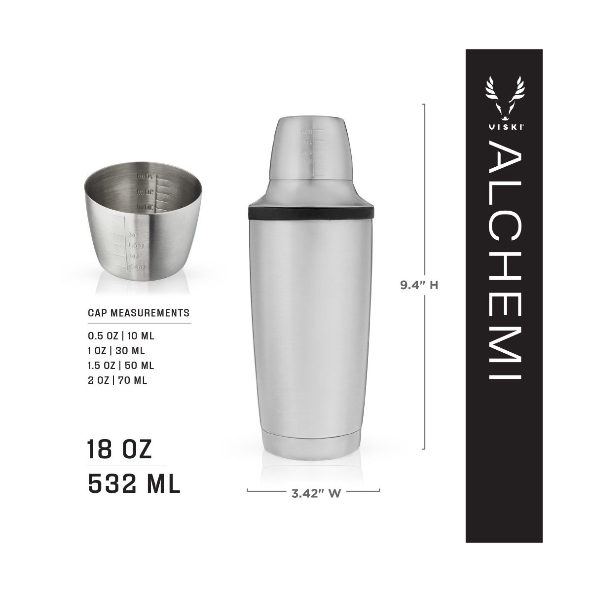 Viski Alchemi 18oz Vacuum Insulated Cocktail Shaker with Citrus Reamer, Jigger Cap, Stainless Steel with Leakproof Silicone Seal, Travel, Bar Gifts - thumbnail 4