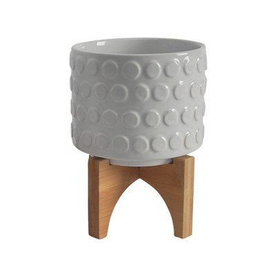 Contemporary White Ceramic Planter Set on Bamboo Stand, 8"x11"