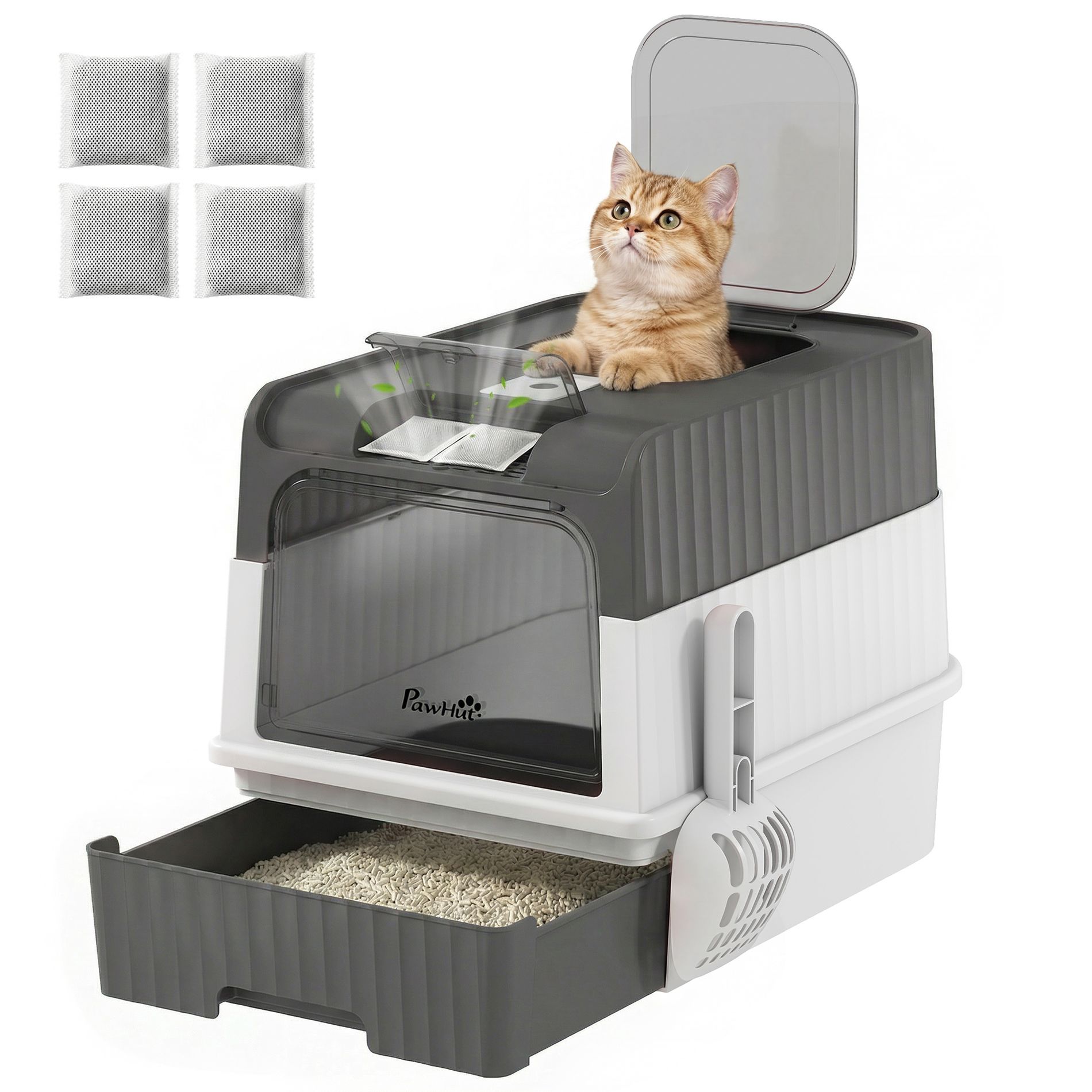 PawHut Cat Litter Box, Hooded Cat Litter Tray with Drawer Pan, 4 Deodorization Bags, Easy to Clean, Gray
