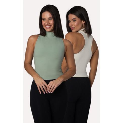 Yogalicious Womens Heavenly Ribbed Ava Ribbed Mock Neck Tank Top - 2 Pack,  - Iceberg Green/Nacreous Cloud - Large