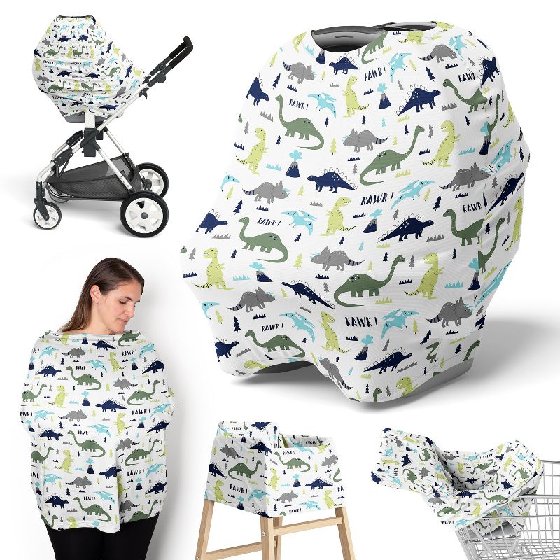 Sweet Jojo Designs Boy 5-in-1 Multi Use Baby Nursing Cover Mod Dinosaur Blue and Green, 1 of 2