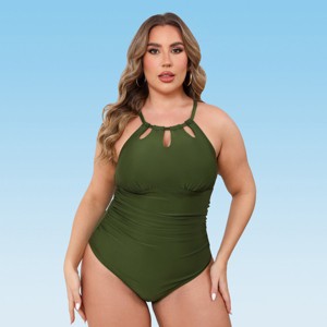 Women's Olive Green Cutout Halter with Crisscross Back Plus Size One Piece Swimsuit -Cupshe - 1 of 4