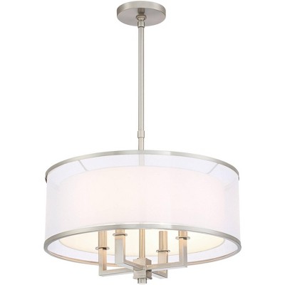Elegant Brushed Nickel 23" Drum Pendant with Silver Organza and White Linen Shade
