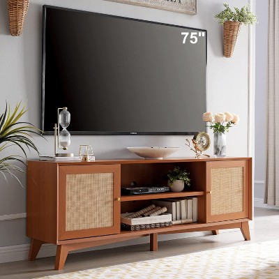 TV Stand for 75+ Inch TV, Mid Century Modern Entertainment Center with Natural Rattan Door for Living Room