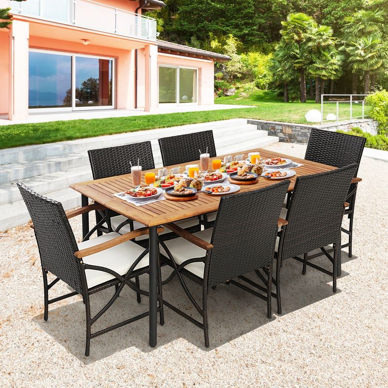 Costway 5PCS Patio Wicker Dining Set Cushion Armchairs Acacia Wood Table with Umbrella Hole, 3 of 11