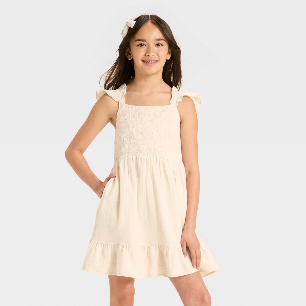 Girls' Sleeveless Solid Woven Dress - Cat & Jack™ Beige L