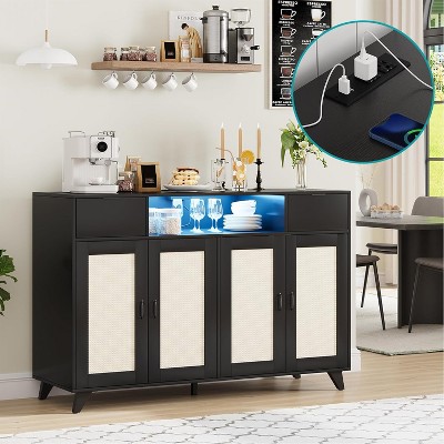 Sideboard Buffet Cabinet with 4 Rattan Doors, Kitchen Buffet Cabinet with 2 Drawers