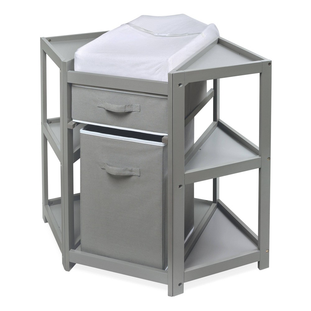Badger Basket Diaper Corner Baby Changing Table with Hamper and Basket, Gray, Includes Pad