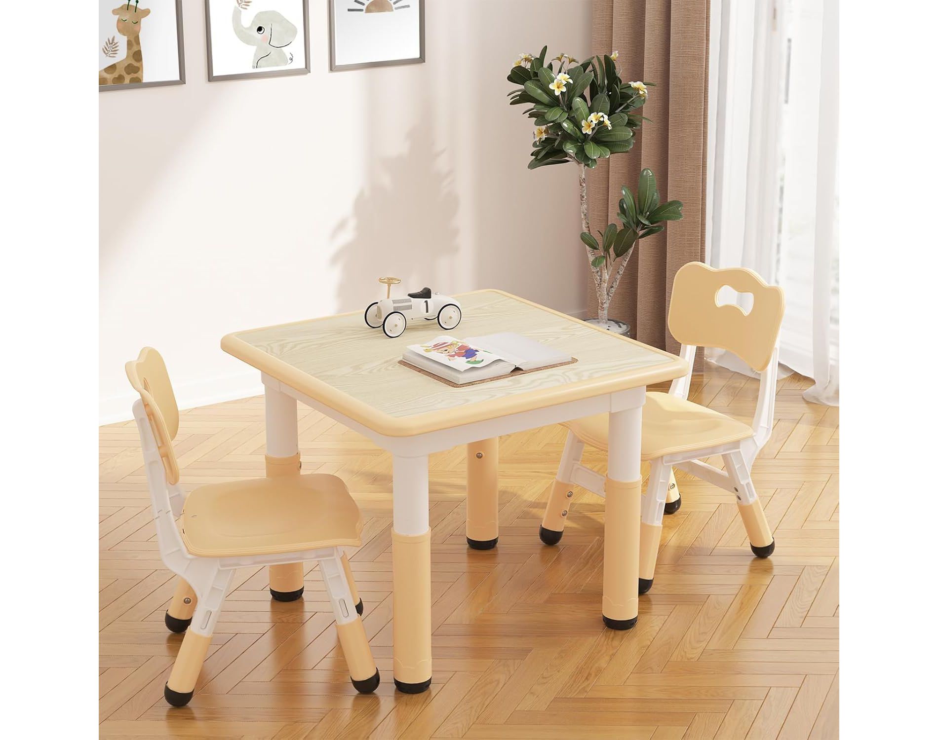 Kids Table and 2 Chairs Set, Height Adjustable Toddler Table and Chair Set, Children Multi-Activity Table for 2, Kids Study Table for Ages 2-8, Beige