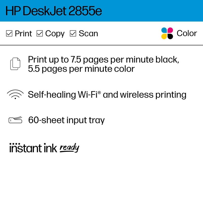 HP DeskJet 2855e Wireless All-In-One Color Printer, Scanner, Copier - White, 2 of 10