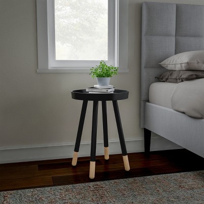 Black and Natural Wood Round Tray Top End Table