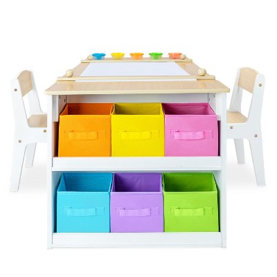 Natural Wood and White Kids Art Table with Storage Bins
