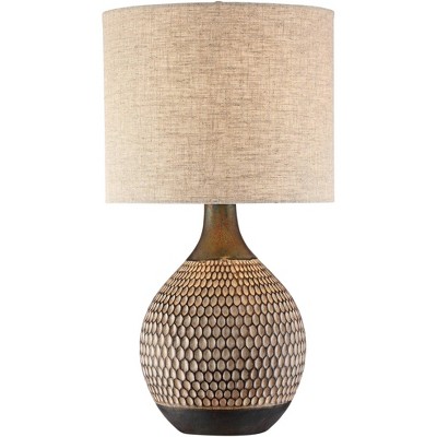 360 Lighting Mid Century Modern Table Lamp with Table Top Dimmer Wood Brown Ceramic Drum Shade Living Room Bedroom Entryway Family