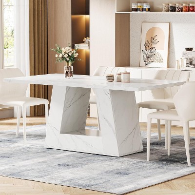 Okak Farmhouse Large Rectangular Dining Table with Sturdy Pedestal Base,Minimalist Kitchen Dinner Table for Dining Room,Breakfast Nook