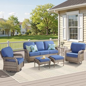 Buenhomino 6PCS Outdoor Furniture Set with 5" Thick Cushion, Outdoor Sofa Couch Set with Swivel Chairs and Ottoman, Brown Wicker Patio Furniture Set - 1 of 4