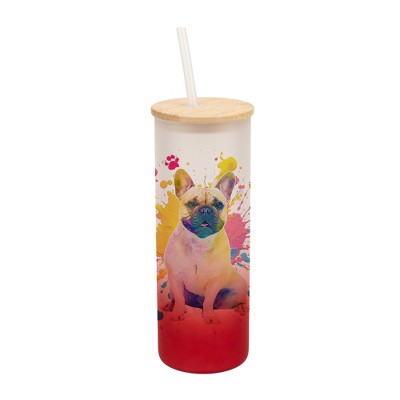 100 North 25 Ounce Frosted Glass Gradient Travel Tumbler With Straw & Wooden Lid, French Bulldog Paint Splatter Red