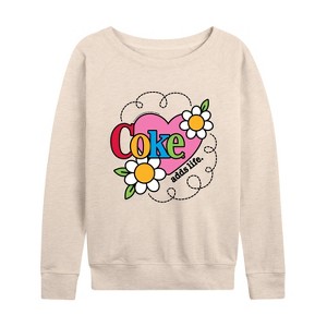Women's - Coca-Cola - Coke Adds Life Heart Flower Lightweight French Terry Wide Neck Long Sleeve Shirt - 1 of 4