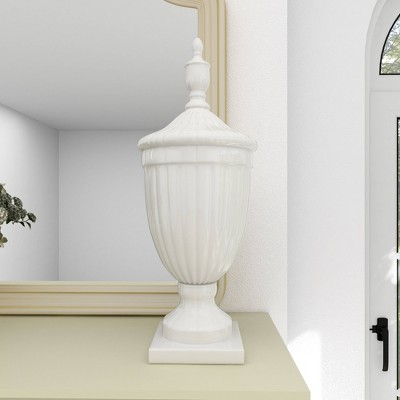 26" White Ceramic Tall Fluted Urn Vase with Lid