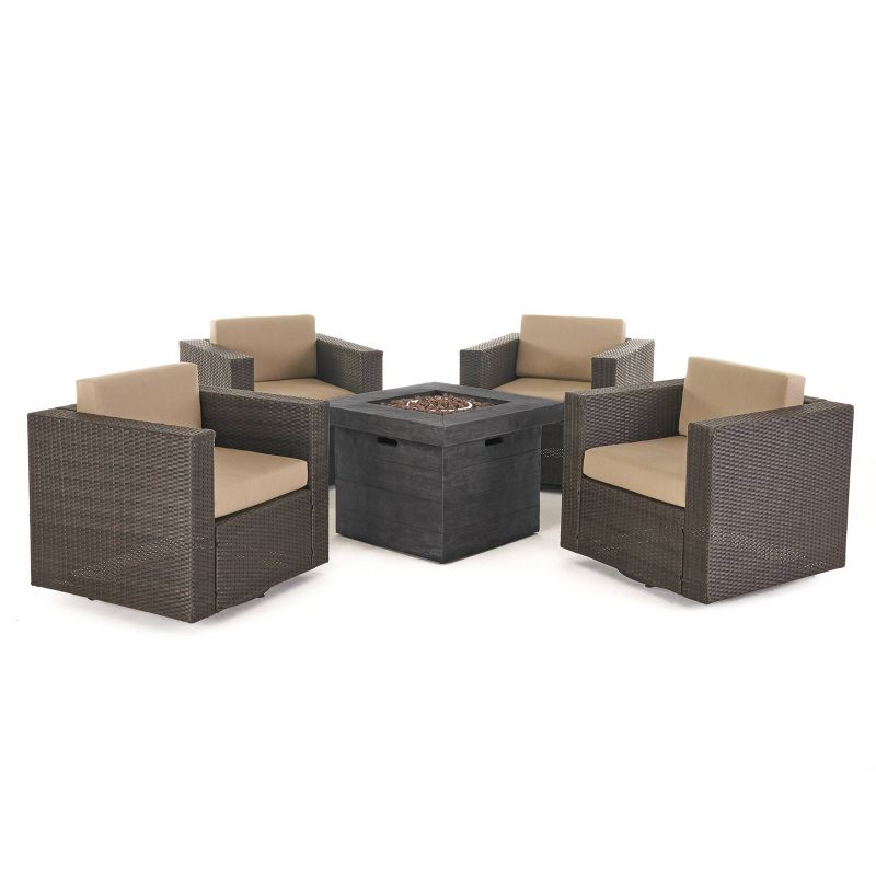 Puerta 5pc Wicker Swivel Chat Set and Gray Fire Pit - Dark Brown/Beige - Christopher Knight Home, 1 of 17