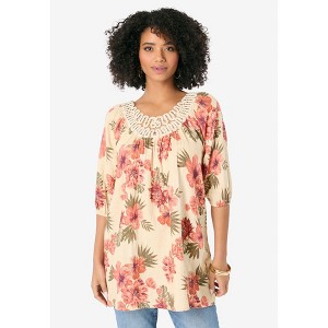 Roaman's Women's Plus Size Lace Trim Popover Blouse - 1 of 4