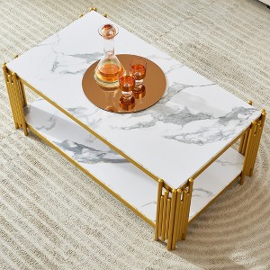 Coffee Table, Marble Coffee Table With Storage Shelf, Metal Frame, Anti-slip Foot Pads,abstract,white+gold,44.88in,3.74ft - 1 of 4