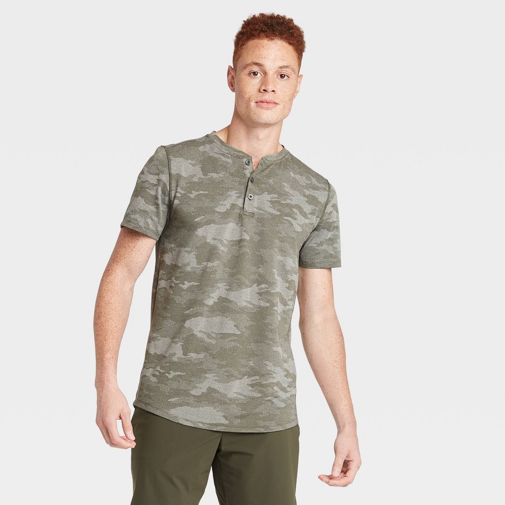 Men's Camo Print Short Sleeve Henley T-Shirt - All in Motion Olive Green Camo S, Men's, Size: Small, Green Green Green was $22.0 now $15.4 (30.0% off)