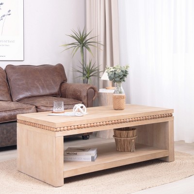 47'' Rectangular Wood Coffee Table with Beaded Trim & Open Storage Shelf,Modern Farmhouse Center Table for Living Room-Baofuwish