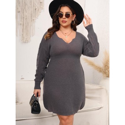 Women's Color Pullover Knitted Sweater Fashion Casual Lantern Sleeve Sweater Dress