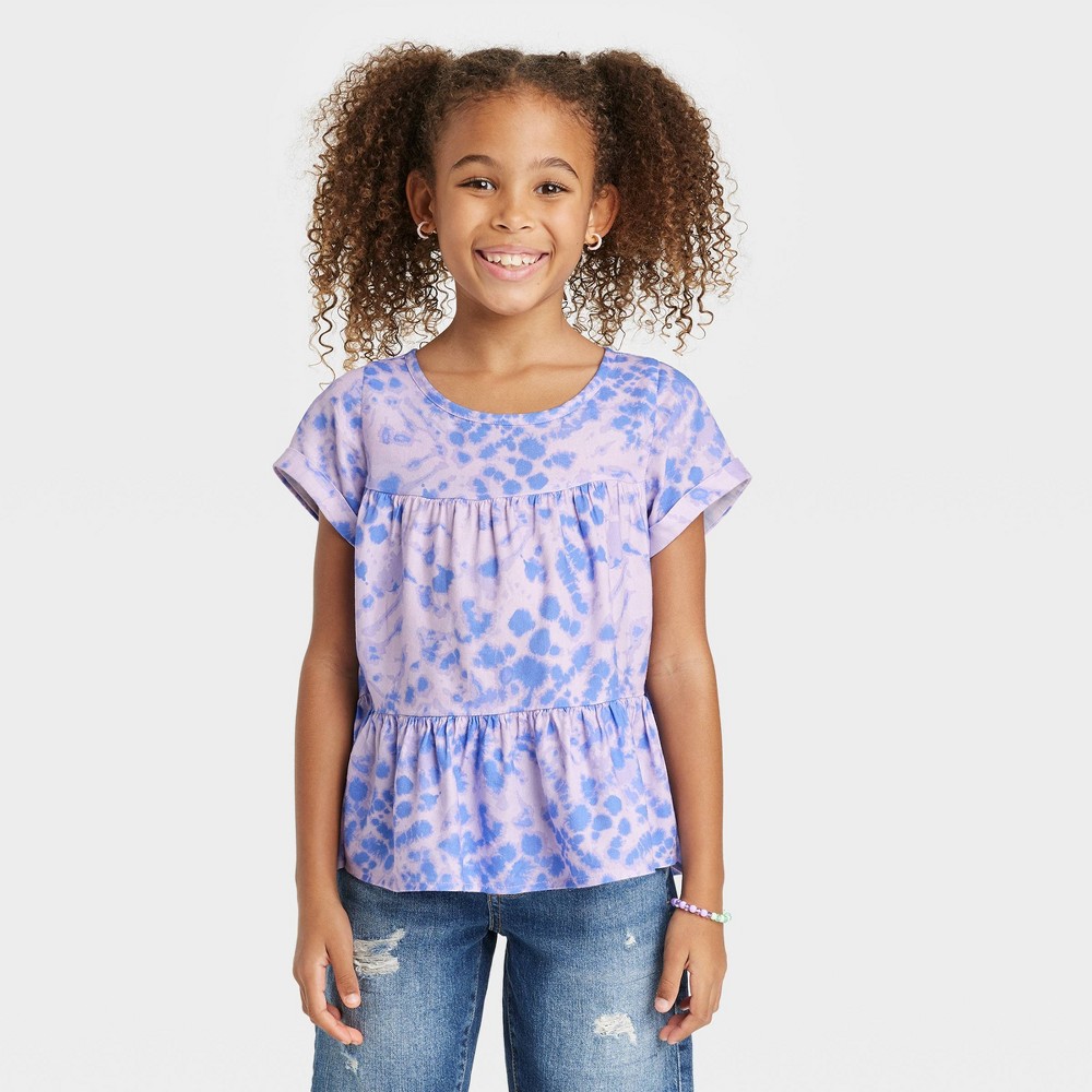 Size XL Girls' Short Sleeve Tiered Woven Shirt - Cat & Jack™ Soft Violet