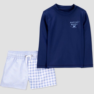 Carter's Just One You®️ Toddler Boys' Long Sleeve Gingham Checkered Rash Guard Set - Blue/Navy Blue