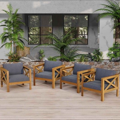 Acacia Wood Teak Finish Outdoor Club Chair Set of 4,Outdoor Armchair with Waterproof Cushions,Patio Club Chair for Garden Deck-Coolbibila