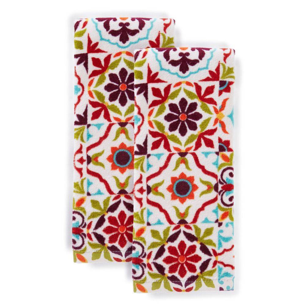 2pk Cotton Worn Tiles Kitchen Towels - Fiesta: Off-White Kitchen Hand Towel Set, Machine Washable, 28"x16"