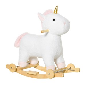Qaba Rocking Horse, 2 in 1 Kids Ride on Horse, Rolling Unicorn with Sound, Wooden Base, Pedal, Grip Handle, Plush Riding Pony for 3-6 Years Old, White - 1 of 4