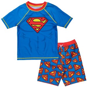 DC Comics Justice League Batman Toddler Boys Rash Guard and Swim Trunks Outfit Set - 1 of 4