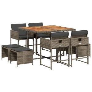 vidaXL Patio Dining Set with Cushions Table and Chairs Outdoor Poly Rattan - Gray Wood 8-Piece - 1 of 4