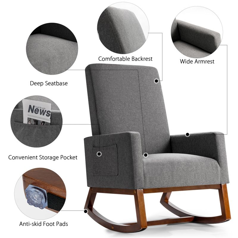 Tangkula Mid Century Rocking Chair Comfortable Rocker Modern High Back Armchair, 5 of 11