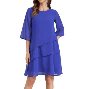 INSPIRE CHIC Women's Round Neck Semi Sheer 3/4 Bell Sleeve Asymmetrical Layered Tiered Midi Dress - 1 of 4