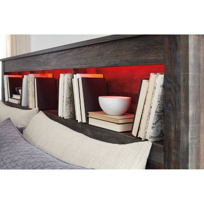 Full Rustic Wood Bookcase Headboard with Storage and LED Lighting