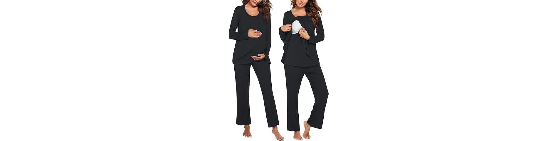 Ekouaer Maternity Nursing Pajama Set Long Sleeve Top & Pants with Pockets Breastfeeding Sleepwear Double Layer Pregnancy