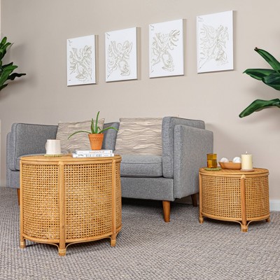 Natural Bamboo and Rattan Round Accent Table with Storage