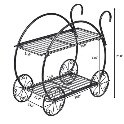 Black Steel Two-Tiered Indoor/Outdoor Plant Stand with Decorative Wheels